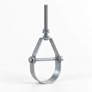 Generated representative adjustable steel clevis pipe hanger with yoke, lower strap, cross bolt, and threaded rod