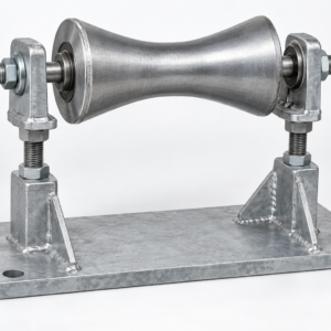 Generated representative adjustable steel pipe roller stand with a concave metal roller, axle, twin height adjusters, locknuts, welded side frames, and anchored base plate