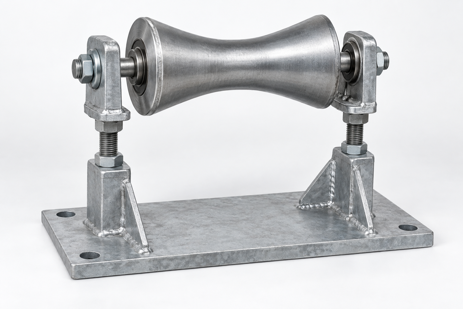Adjustable Steel Pipe Roller Stand with Base Plate Generated representative adjustable steel pipe roller stand with a concave metal roller, axle, twin height adjusters, locknuts, welded side frames, and anchored base plate