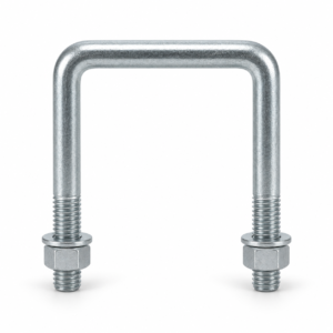Generated representative zinc-plated square-bend U-bolt with flat crown, parallel legs, threaded ends, hex nuts, and washers