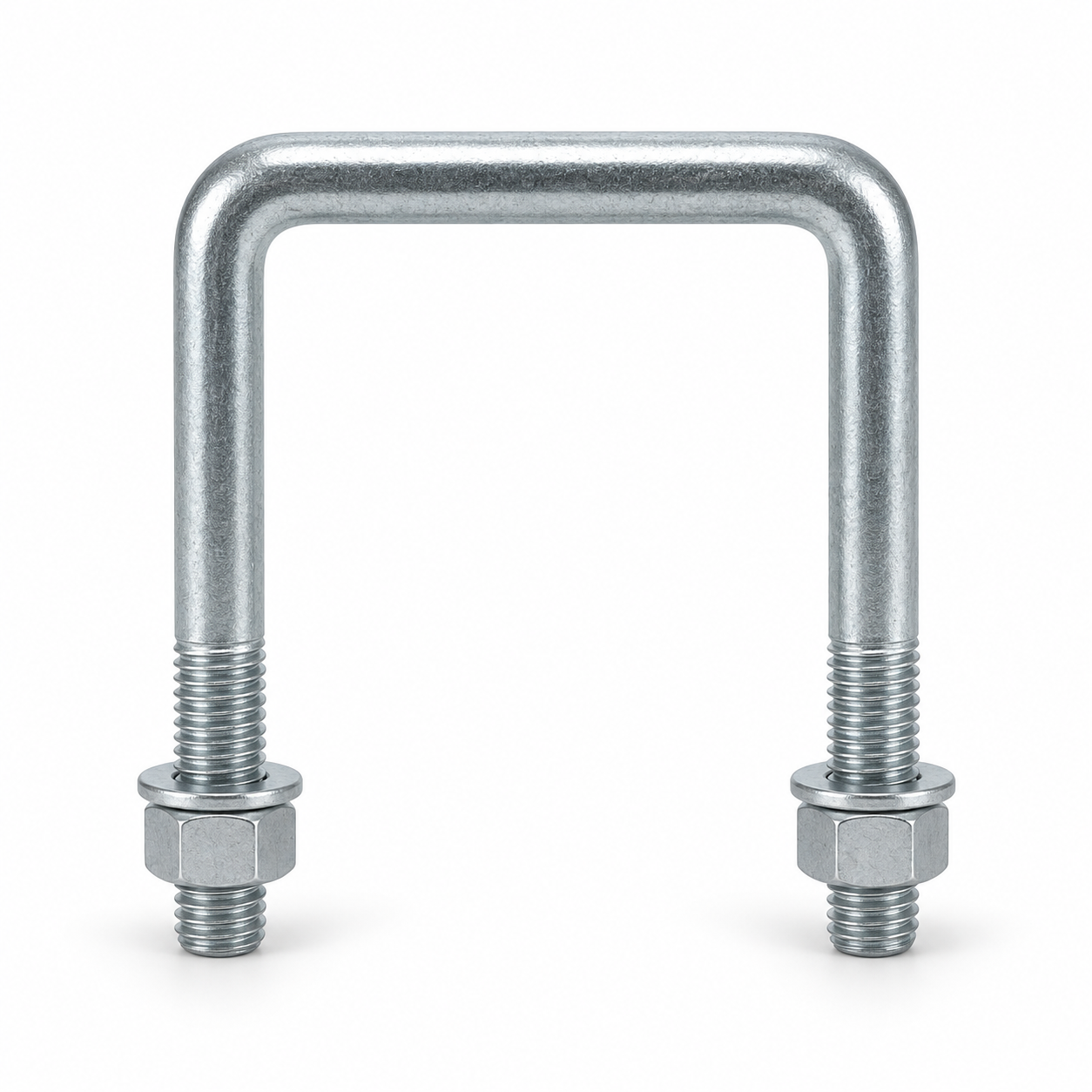 Custom Square-Bend U-Bolt for Rectangular Tubing Generated representative zinc-plated square-bend U-bolt with flat crown, parallel legs, threaded ends, hex nuts, and washers
