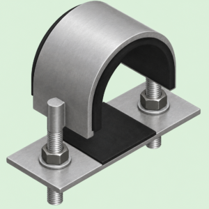 Representative flat steel U-bolt clamp with inner gasket, welded threaded studs, nuts, and flat base plate