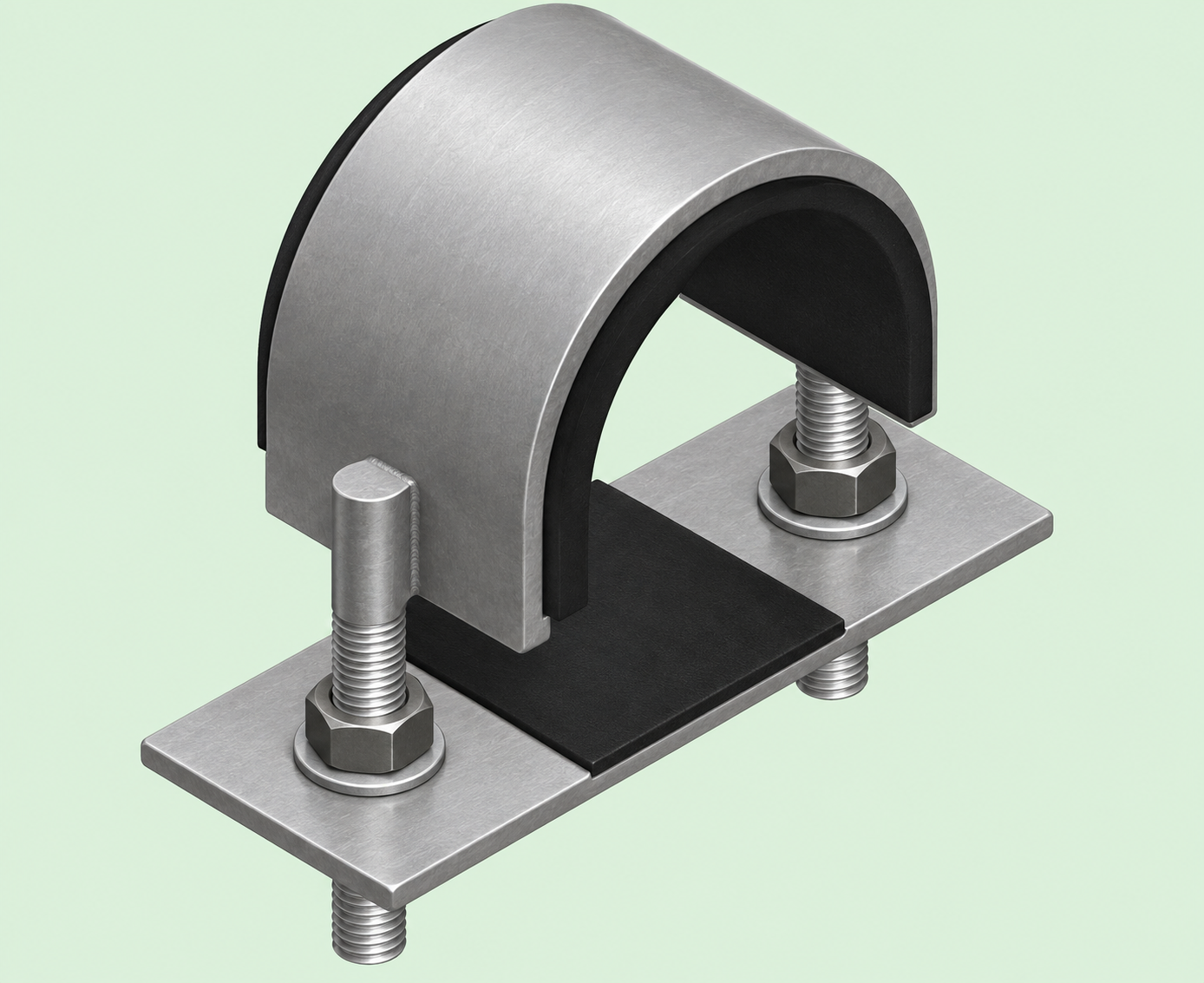 Flat Steel U-Bolt Clamp Assembly with Gasket and Base Plate Representative flat steel U-bolt clamp with inner gasket, welded threaded studs, nuts, and flat base plate
