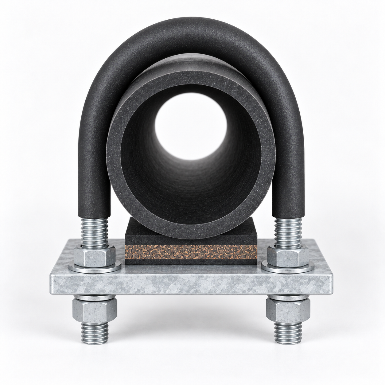 Insulated U-Bolt Clamp for HDPE Pipe – Corrected Transverse Geometry Corrected representative insulated U-bolt clamp with an HDPE pipe passing through the transverse U-shaped arch