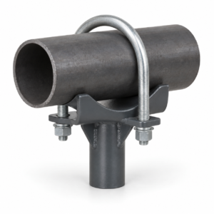 Generated representative pipe saddle support with U-bolt retaining a horizontal steel pipe above a gusseted stanchion shank