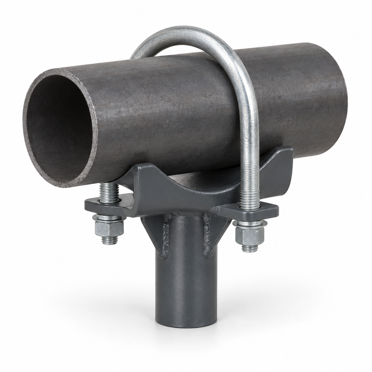 Pipe Saddle Support with U-Bolt – Generated Representative Generated representative pipe saddle support with U-bolt retaining a horizontal steel pipe above a gusseted stanchion shank