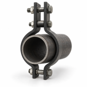 Corrected representative three-bolt pipe clamp gripping radially around a steel pipe that passes axially through the clamp ring