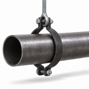 Confirmed representative MSS Type 4 two-bolt pipe clamp with the upper hex bolt passing through the angled hanger eye