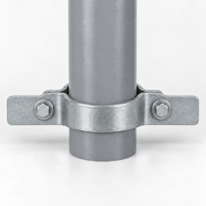 Corrected representative two-bolt riser clamp with front-facing through-bolts joining both clamp halves around a vertical pipe