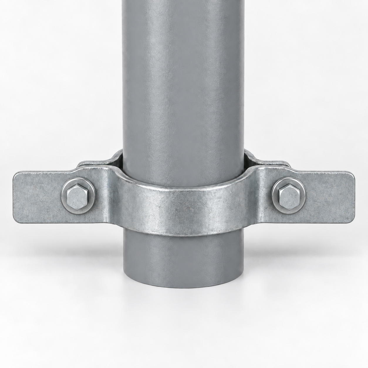 Two-Bolt Riser Clamp – Corrected Front-Facing Fasteners Corrected representative two-bolt riser clamp with front-facing through-bolts joining both clamp halves around a vertical pipe