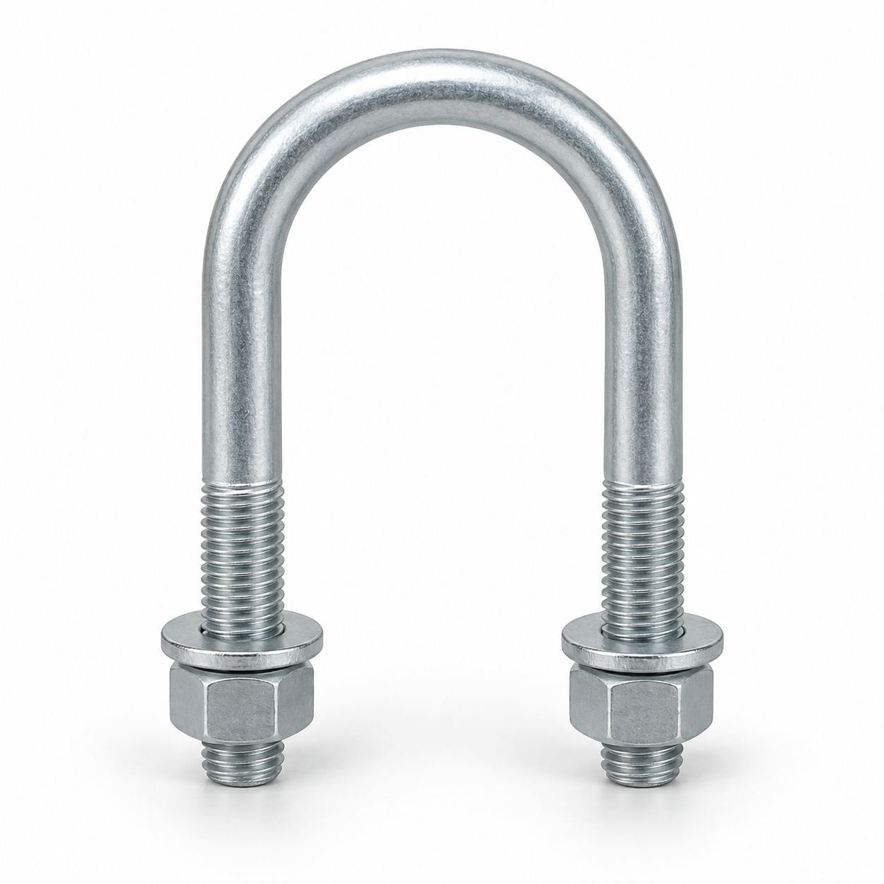 Zinc-Nickel Plated U-Bolt – Generated Representative Generated representative zinc-nickel plated round U-bolt with two nuts and flat washers