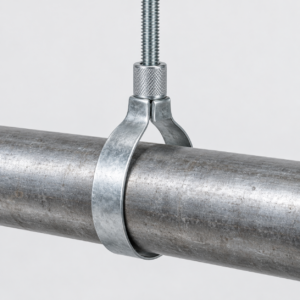 Generated representative adjustable swivel loop hanger with one formed metal band, captured top insert nut, threaded rod, and horizontal bare pipe
