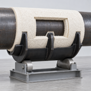Generated representative heavy steel pipe covering protection saddle supporting insulated high-temperature pipe on rollers