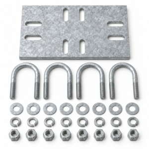 Generated representative unassembled pipe crossover plate kit with one slotted galvanized plate, four U-bolts, eight nuts and washers