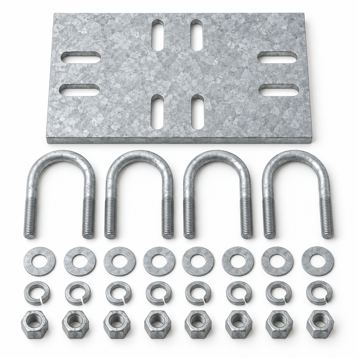 Pipe Crossover Plate Kit with U-Bolts - Generated Representative Generated representative unassembled pipe crossover plate kit with one slotted galvanized plate, four U-bolts, eight nuts and washers