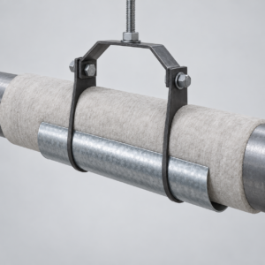 Generated representative galvanized pipe insulation protection shield installed between insulated pipe and a clevis hanger