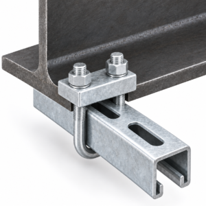 Generated representative single strut beam clamp with U-bolt, clamp plate and two nuts attaching slotted channel beneath an I-beam flange