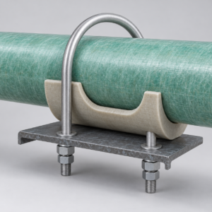 Generated representative U-bolt guide with a broad composite wear saddle supporting a green FRP pipe above a steel plate