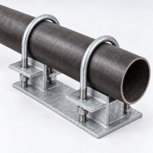 Generated representative U-bolt pipe shoe with two round U-bolts retaining horizontal steel pipe on a galvanized fabricated support