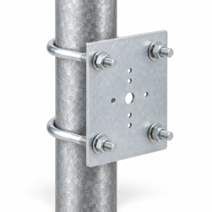 Generated representative dual U-bolt pole mounting bracket with two round U-bolts, one drilled equipment plate, four washers, and four nuts