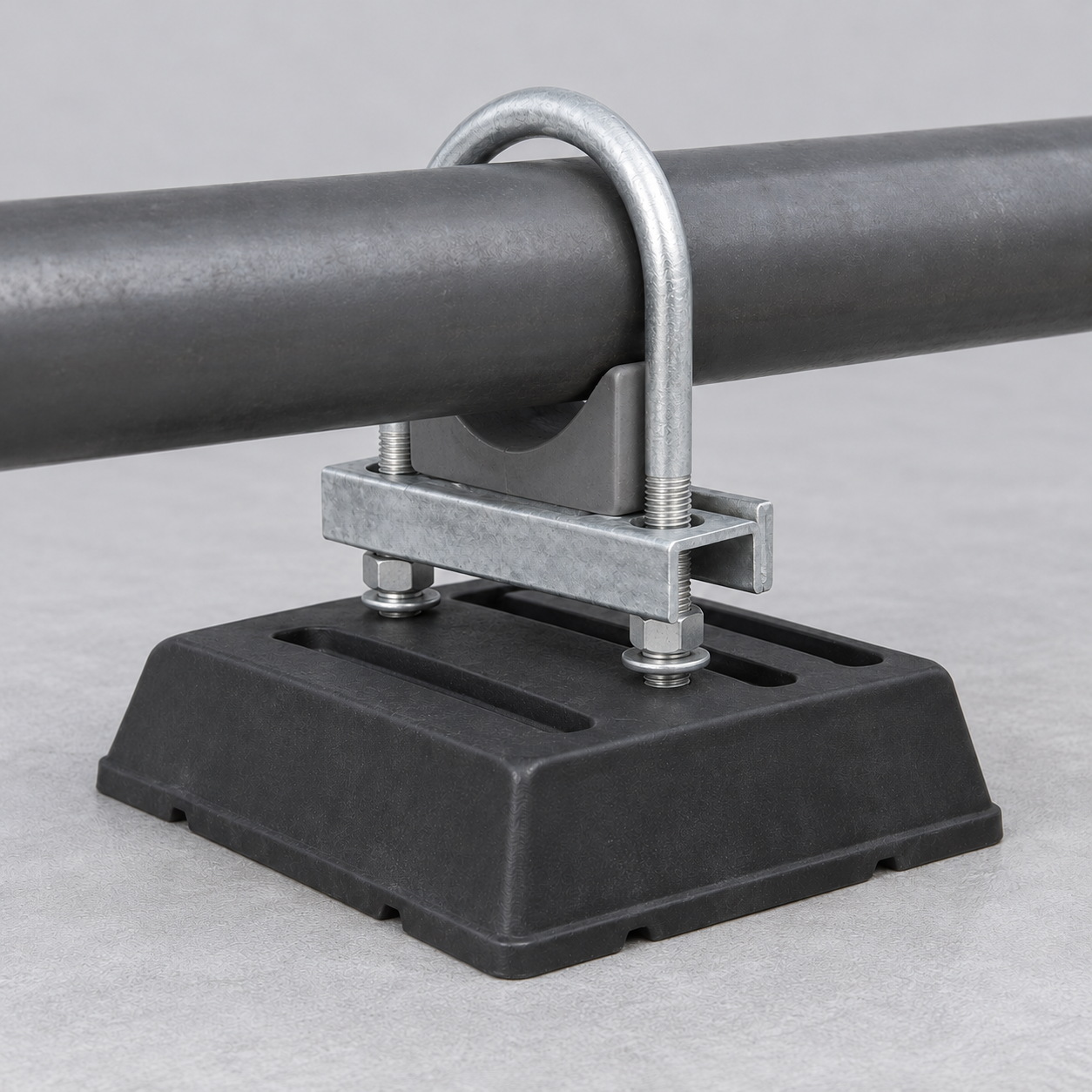 U-Bolt Rooftop Pipe Support - Generated Representative Generated representative U-bolt rooftop pipe support with a steel pipe retained on galvanized channel above a broad black support base