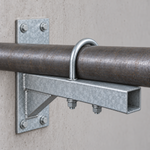 Representative galvanized wall-mounted U-bolt bracket supporting a horizontal steel pipe