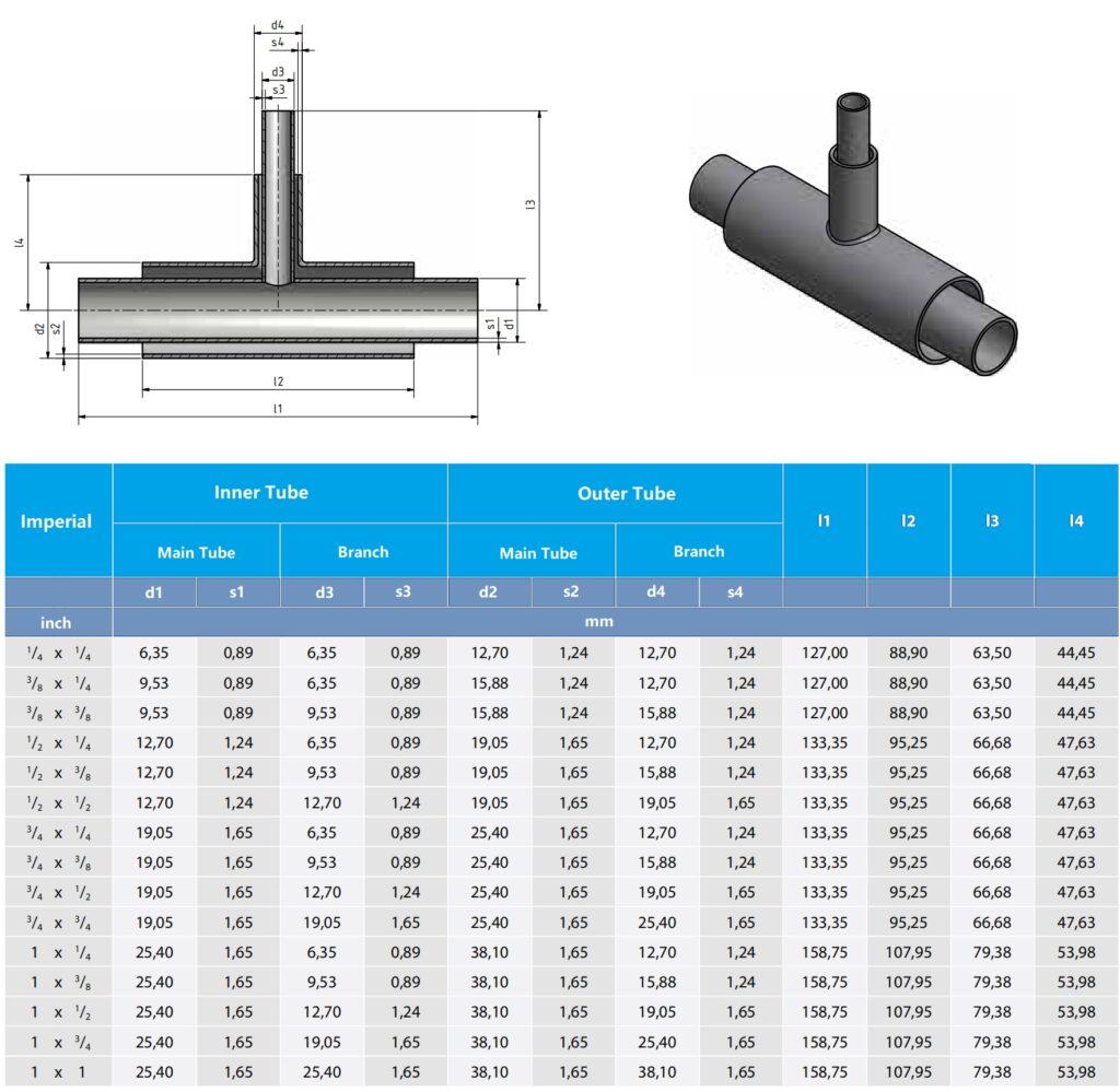 Size Chart of coaxial tee-coaxial stainless steel fittings